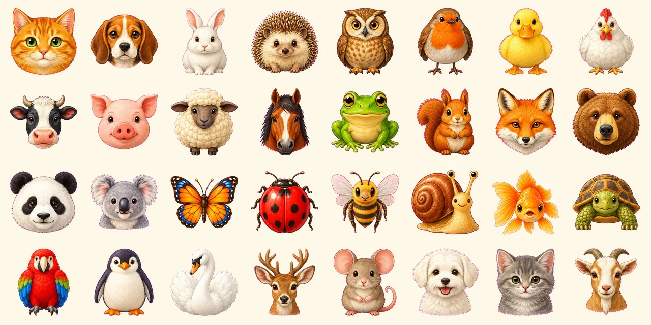 Farm Friends: cat, dog, rabbit, hedgehog, owl, robin, duck, hen, cow, pig, sheep, horse, frog, squirrel, fox, bear, panda, koala, butterfly, ladybird, bee, snail, goldfish, tortoise, parrot, penguin, swan, deer, mouse, puppy, kitten, goat