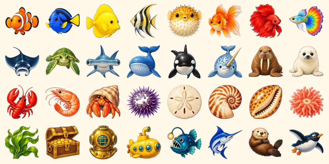 Bajo el mar: pez payaso, pez cirujano azul, pez cirujano amarillo, pez ángel, pez globo, pez dorado, pez betta, guppy, mantarraya, tortuga marina, tiburón martillo, ballena, orca, narval, morsa, cría de foca, langosta, camarón, cangrejo ermitaño, erizo de mar, dólar de arena, concha de nautilo, concha de cauri, anémona de mar, alga kelp, cofre del tesoro, casco de buzo, submarino, pez linterna, pez espada, nutria marina, pingüino nadando