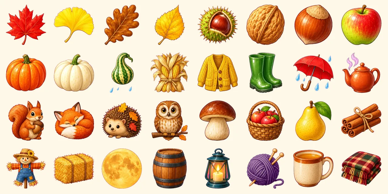 Autumn Walk: red maple leaf, yellow ginkgo leaf, brown oak leaf, golden birch leaf, chestnut in spiky shell, walnut, hazelnut, apple, orange pumpkin, white pumpkin, gourd, dried corn, wool cardigan, rubber boots, red umbrella, pot of tea with steam, squirrel holding acorn, fox curled sleeping, hedgehog with leaves, owl on branch, wild mushroom, basket of apples, pear, cinnamon sticks, scarecrow, hay bale, harvest moon, wooden barrel, candle lantern, knitting needles with yarn, cup of apple cider, plaid blanket