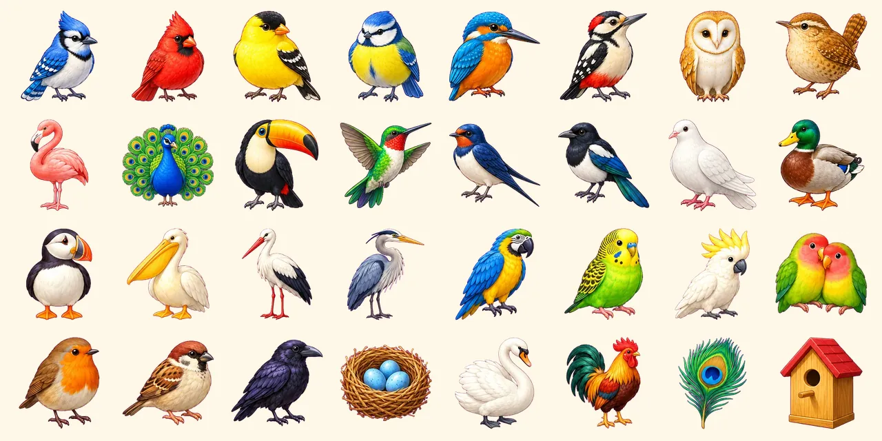 Uccelli canori: ghiandaia azzurra, cardinale rosso, cardellino, cinciarella, martin pescatore, picchio, barbagianni, scricciolo, fenicottero, pavone, tucano, colibrì, rondine, gazza, colomba bianca, germano reale, pulcinella di mare, pellicano, cicogna, airone, ara gialloblu, cocorita, cacatua, pappagallini inseparabili, pettirosso, passero, corvo, nido con uova azzurre, cigno, gallo, piuma di pavone, casetta per uccelli