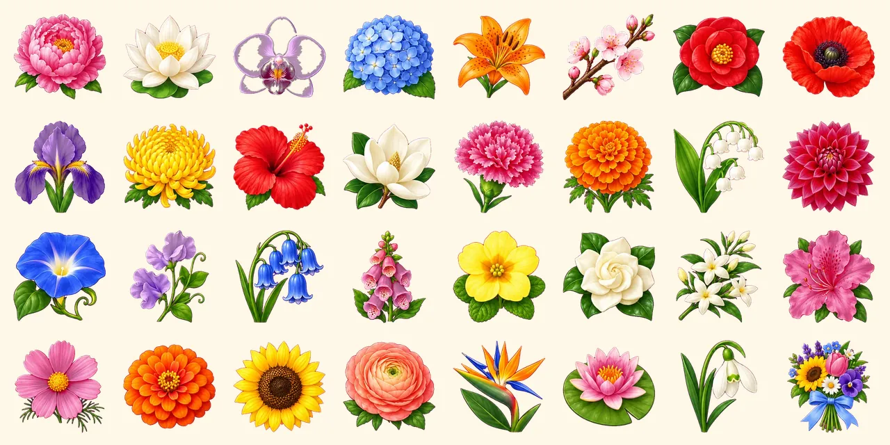 Blütenzauber: Rosa Pfingstrose, Weiße Lotusblüte, Violette Orchidee, Blaue Hortensie, Orangefarbene Lilie, Kirschblütenzweig, Rote Kamelie, Roter Mohn, Violette Schwertlilie, Gelbe Chrysantheme, Roter Hibiskus, Weiße Magnolie, Rosa Nelke, Orangefarbene Studentenblume, Maiglöckchen, Dahlie, Blaue Prunkwinde, Duftwicke, Hasenglöckchen, Fingerhut, Gelbe Primel, Weiße Gardenie, Jasminzweig, Rosa Azalee, Schmuckkörbchen, Zinnie, Sonnenblume, Ranunkel, Paradiesvogelblume, Seerose auf Schwimmblatt, Schneeglöckchen, Blumenstrauß mit Schleife