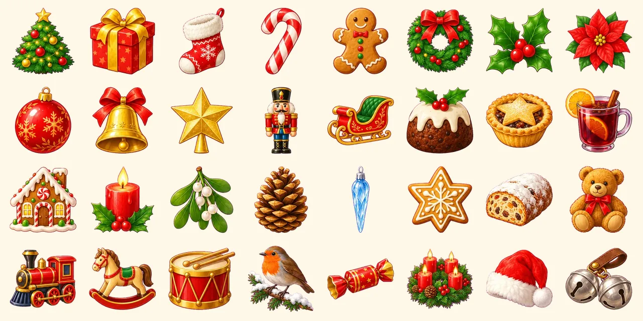 Buon Natale: albero di Natale, pacco regalo, calza natalizia, bastoncino di zucchero, omino di pan di zenzero, ghirlanda, agrifoglio, stella di Natale, pallina rossa, campanella dorata, stella per la cima dell'albero, schiaccianoci, slitta, pudding di Natale, tortina di frutta secca, vin brulé, casetta di pan di zenzero, candela rossa, vischio, pigna, decorazione a ghiacciolo, biscotto a stella, stollen, orsacchiotto, trenino giocattolo, cavallo a dondolo, tamburo giocattolo, pettirosso, cracker natalizio, corona dell'Avvento, cappello di Babbo Natale, sonagli da slitta