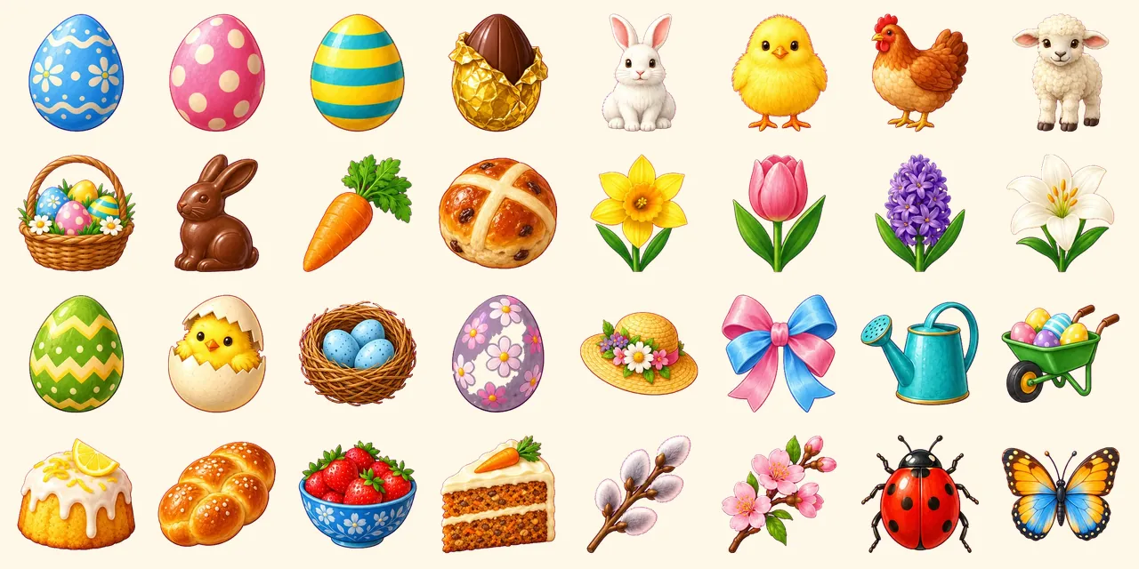 Panier de Pâques: œuf bleu, œuf rose à pois, œuf rayé, œuf en chocolat, lapin, poussin, poule, agneau, panier d'œufs, lapin en chocolat, carotte, brioche à croix, jonquille, tulipe, jacinthe, lys blanc, œuf vert à zigzags, poussin à l'éclosion, nid d'oiseau, œuf violet fleuri, chapeau de Pâques, nœud de ruban, arrosoir, brouette d'œufs, gâteau au citron, pain tressé, fraises, gâteau à la carotte, chatons de saule, fleur de cerisier, coccinelle, papillon