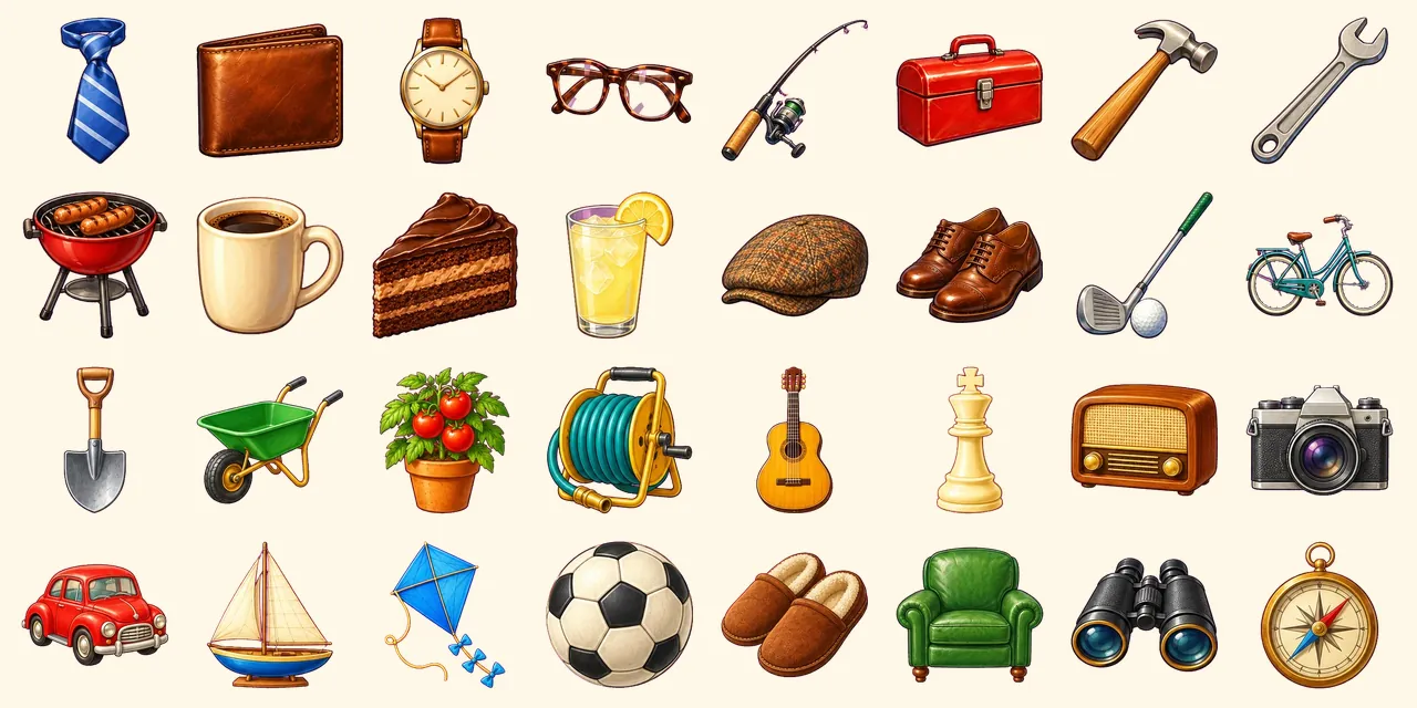 Father's Day: tie, wallet, wristwatch, reading glasses, fishing rod, toolbox, hammer, spanner, barbecue, coffee mug, chocolate cake, lemonade, flat cap, leather shoes, golf club, bicycle, spade, wheelbarrow, tomato plant, garden hose, guitar, chess king, old radio, camera, red car, sailing boat, kite, football, slippers, armchair, binoculars, compass