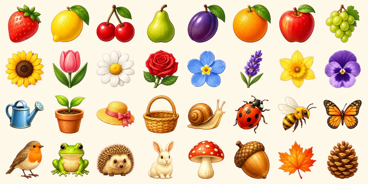 Bauerngarten: Erdbeere, Zitrone, Kirschen, Grüne Birne, Violette Pflaume, Orange, Roter Apfel, Grüne Weintrauben, Sonnenblume, Rosa Tulpe, Weiße Margerite, Rote Rose, Vergissmeinnicht, Lavendelzweig, Gelbe Narzisse, Violettes Stiefmütterchen, Gießkanne, Terrakottatopf mit Keimling, Strohhut, Weidenkorb, Gartenschnecke, Marienkäfer, Honigbiene, Monarchfalter, Rotkehlchen, Grüner Frosch, Igel, Kaninchen, Roter Fliegenpilz, Eichel, Orangefarbenes Ahornblatt, Kiefernzapfen
