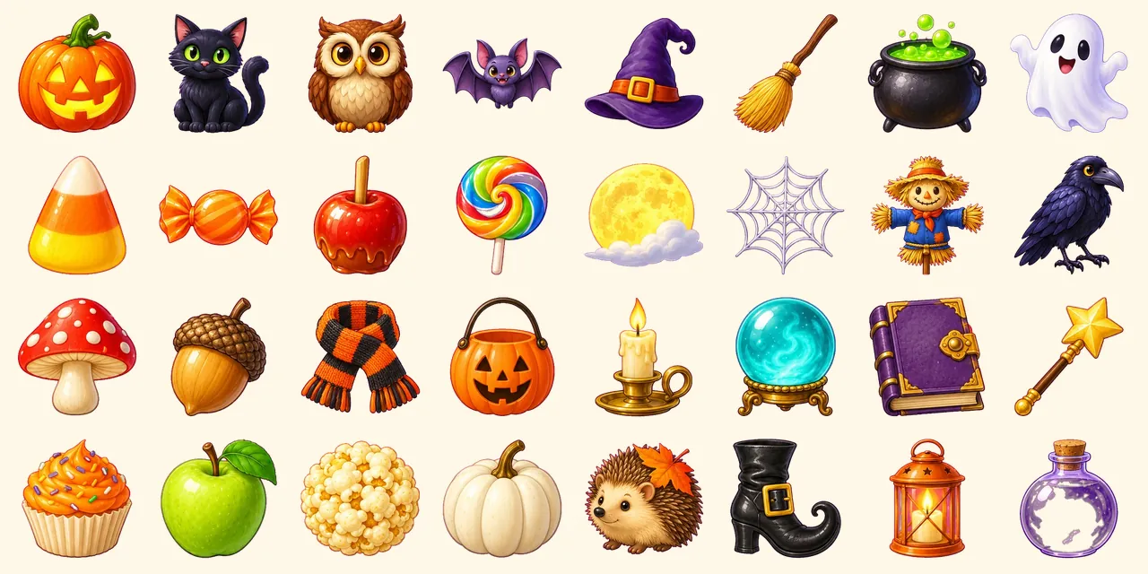Halloween Fun: jack-o'-lantern, black cat, owl, bat, witch's hat, broomstick, bubbling cauldron, friendly ghost, candy corn, toffee sweet, toffee apple, swirl lollipop, full moon, spider web, scarecrow, crow, red toadstool, acorn, striped scarf, pumpkin bucket, candle in a holder, crystal ball, spell book, magic wand, orange cupcake, green apple, popcorn ball, white pumpkin, hedgehog, witch's boot, lantern, potion bottle