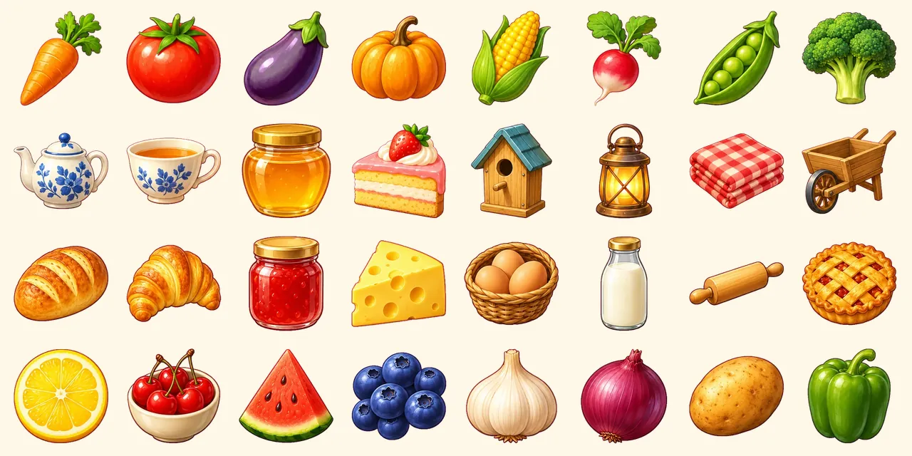 Harvest Table: carrot, tomato, eggplant, pumpkin, corn cob, radish, pea pod, broccoli, teapot, cup of tea, honey jar, slice of cake, birdhouse, garden lantern, gingham picnic blanket, wooden wheelbarrow, loaf of bread, croissant, jar of strawberry jam, wedge of cheese, basket of eggs, glass bottle of milk, wooden rolling pin, apple pie, lemon slice, bunch of cherries in a bowl, watermelon slice, blueberries, garlic bulb, red onion, potato, green bell pepper