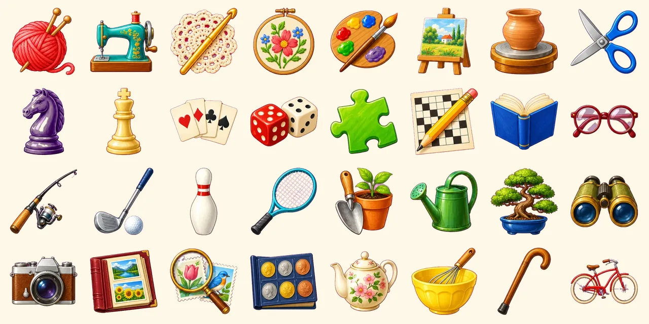 Happy Hobbies: ball of yarn with knitting needles, sewing machine, crochet hook with doily, embroidery hoop, paint palette with brush, easel with canvas, potter's wheel, scissors, chess knight piece, chess king piece, playing cards fan, dice, jigsaw puzzle piece, pencil, reading book, spectacles, fishing rod with reel, golf club and ball, bowling pin, tennis racket, garden trowel with plant pot, watering can, bonsai tree, birdwatching binoculars, camera, photo album, stamp collecting magnifier, coin collection album, teapot, baking whisk with bowl, walking stick, bicycle