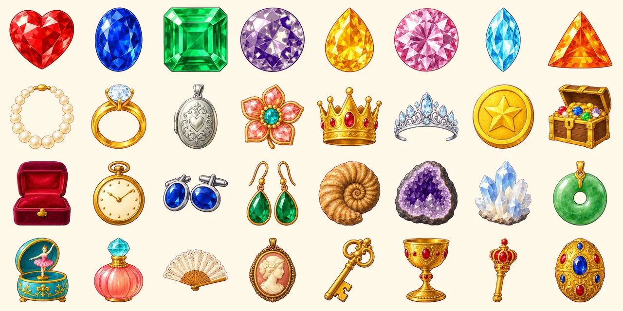 Treasure Chest: red ruby, blue sapphire, green emerald, purple amethyst, yellow topaz, pink diamond, aquamarine, orange citrine, pearl necklace, gold ring with diamond, silver locket, brooch, gold crown, tiara, gold coin, treasure chest open, jewelry box, pocket watch, cufflinks, earrings, ammonite fossil, geode crystal, quartz crystal cluster, jade pendant, music box with ballerina, perfume bottle, hand fan, cameo pendant, gold key, golden goblet, scepter, golden egg