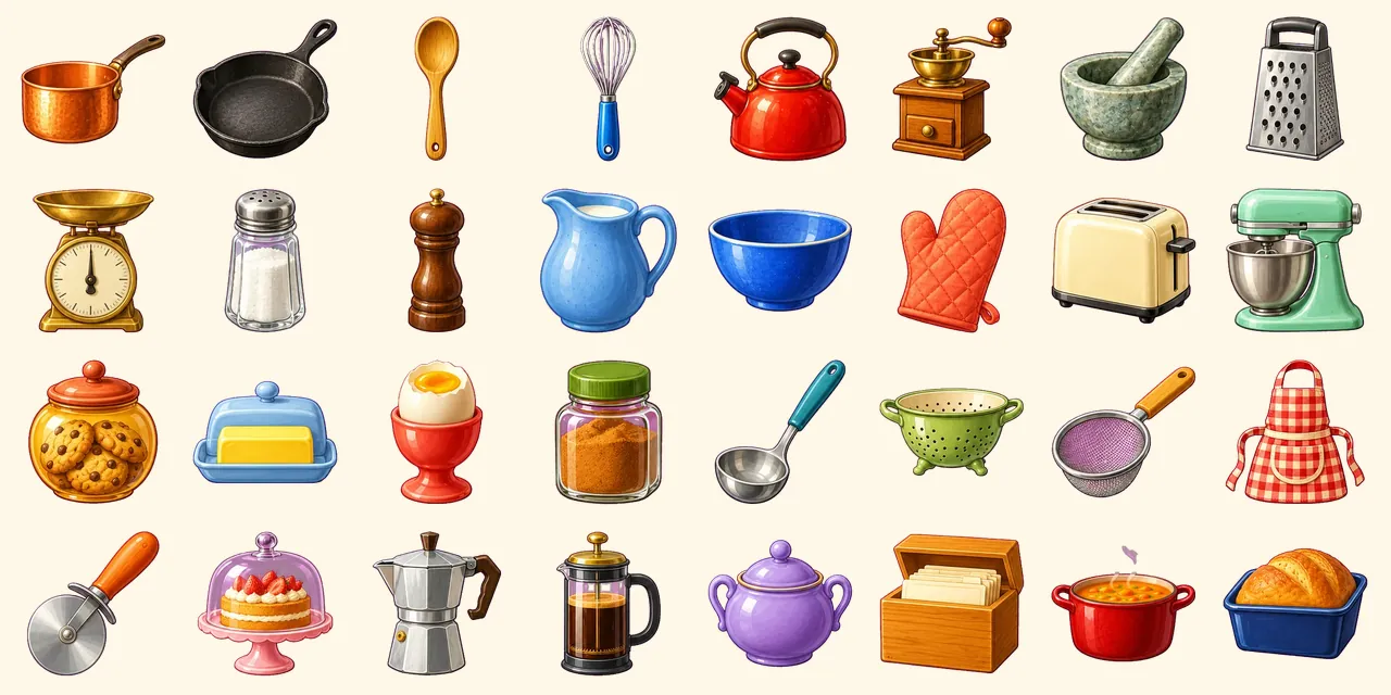 Country Kitchen: copper saucepan, cast iron skillet, wooden spoon, whisk, enamel kettle, coffee grinder, mortar and pestle, cheese grater, measuring scale, salt shaker, pepper mill, jug of milk, mixing bowl, oven mitt, toaster, stand mixer, cookie jar, butter dish, egg cup with boiled egg, spice jar, ladle, colander, sieve, apron, pizza cutter, cake stand with dome, coffee pot, French press, sugar bowl, recipe card box, pot of soup, loaf tin with bread