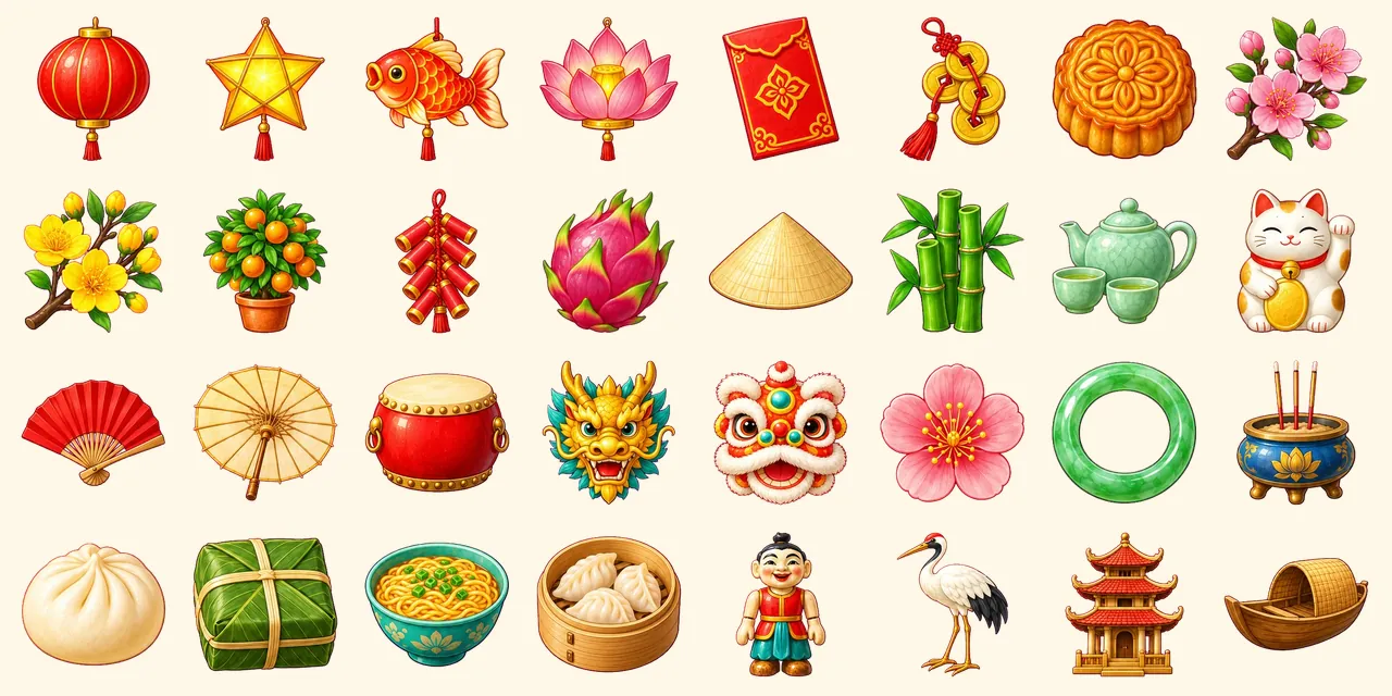 Lantern Festival: red paper lantern, star lantern, carp lantern, lotus lantern, red envelope with gold, string of gold coins, mooncake, peach blossom branch, yellow apricot blossom branch, kumquat tree in pot, firecrackers, dragon fruit, conical straw hat, bamboo stalks, tea set, lucky cat figurine, paper fan, folding parasol, drum, dragon head mask, lion dance head, plum blossom, jade bangle, incense bowl, steamed bun, sticky rice cake wrapped in banana leaf, bowl of noodles, dumplings in bamboo steamer, wooden water puppet, crane bird, pagoda, sampan boat
