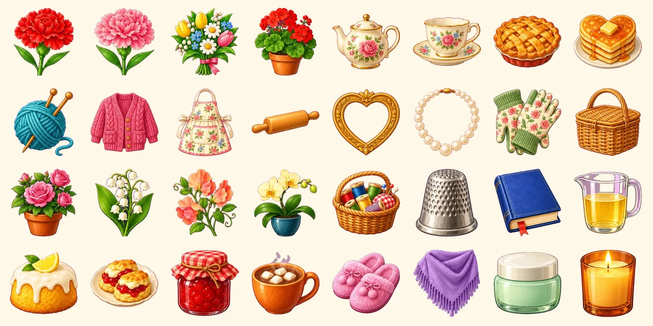 Mother's Day: red carnation, pink carnation, spring bouquet, geranium, rose teapot, teacup, apple pie, heart pancakes, knitting wool, cardigan, flowery apron, rolling pin, heart frame, pearls, gardening gloves, picnic basket, pot of roses, lily of the valley, sweet peas, orchid, sewing basket, thimble, cookbook, measuring jug, lemon cake, scones with jam, strawberry jam, hot chocolate, fluffy slippers, shawl, hand cream, scented candle