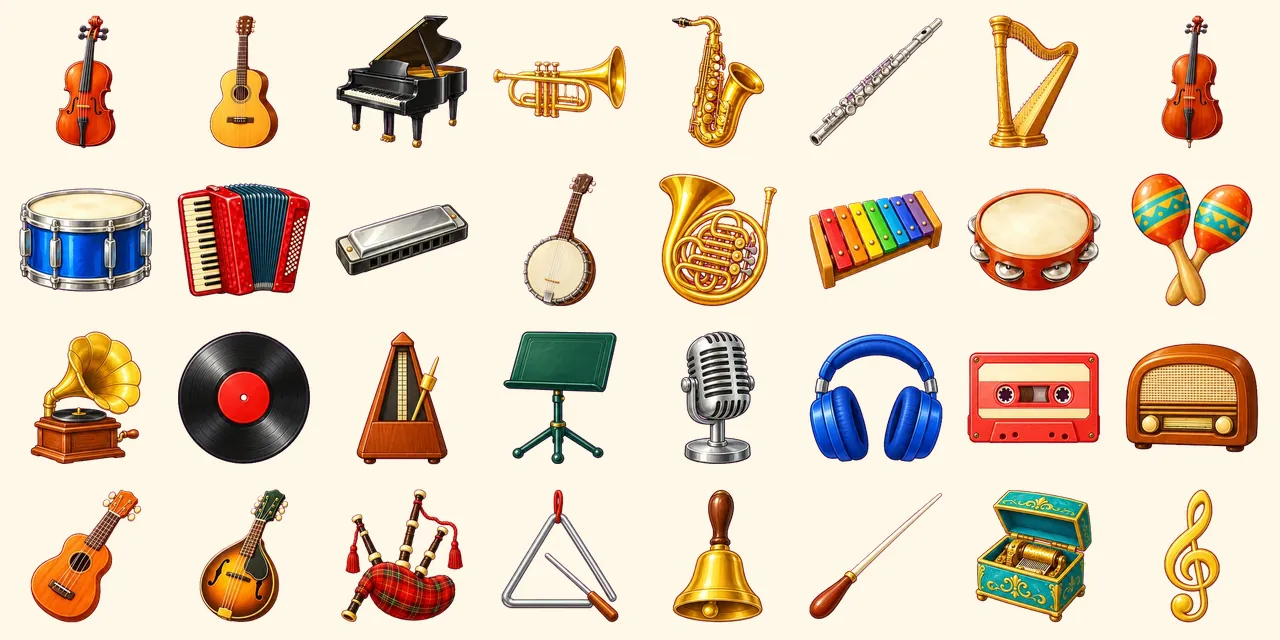 Music Room: violin, acoustic guitar, grand piano, trumpet, saxophone, flute, harp, cello, drum, accordion, harmonica, banjo, French horn, xylophone, tambourine, maracas, gramophone, vinyl record, metronome, music stand, microphone, headphones, cassette tape, radio, ukulele, mandolin, bagpipes, triangle, bell, conductor baton, music box, treble clef
