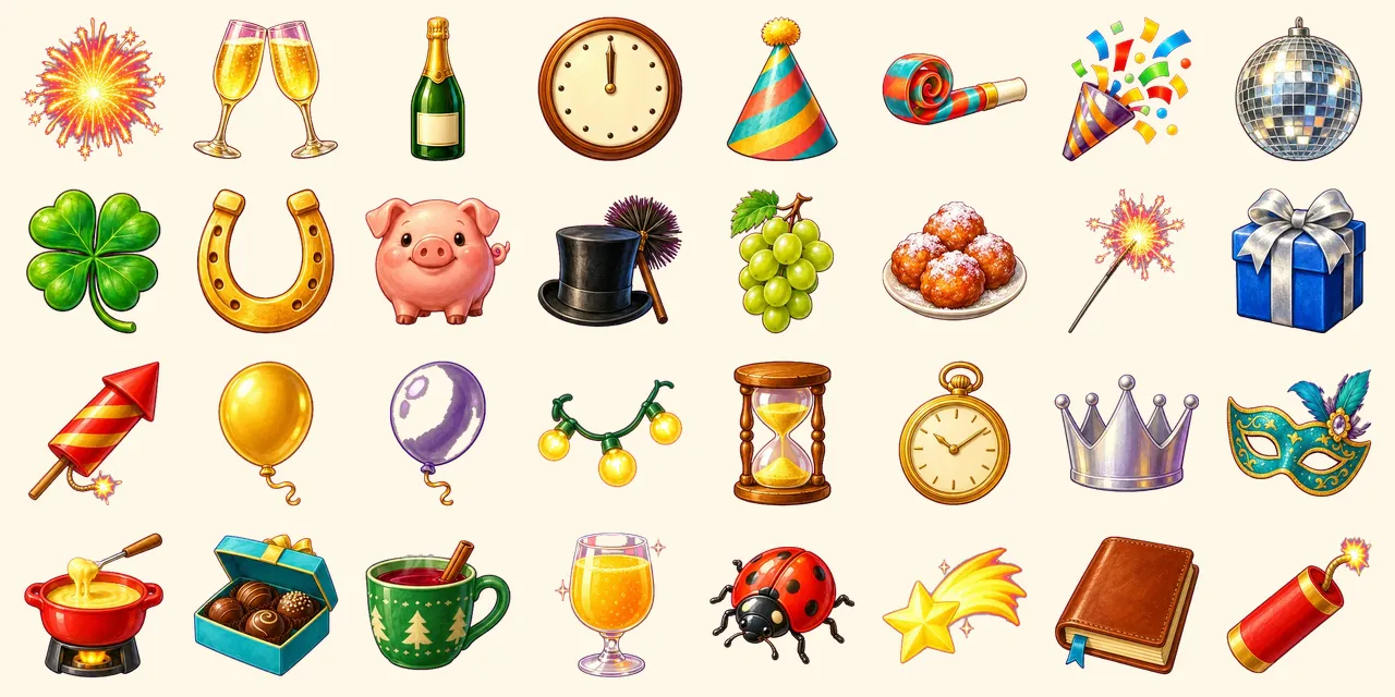 Happy New Year: firework, champagne glasses, champagne bottle, clock at midnight, party hat, party blower, confetti popper, disco ball, four-leaf clover, horseshoe, lucky pig, chimney sweep's hat, green grapes, doughnut balls, sparkler, blue gift, rocket, gold balloon, purple balloon, fairy lights, hourglass, pocket watch, party crown, masquerade mask, cheese fondue, box of chocolates, hot punch, glass of orange juice, ladybird, shooting star, diary, firecracker