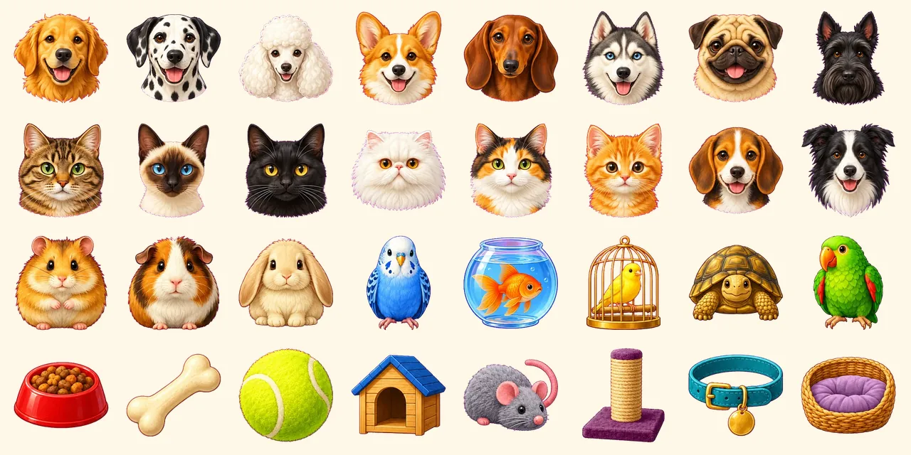 Best Friends: golden retriever, dalmatian, poodle, corgi, dachshund, husky, pug, scottish terrier, tabby cat, siamese cat, black cat, persian cat, calico cat, ginger kitten, beagle puppy, border collie, hamster, guinea pig, rabbit, budgie, goldfish bowl, canary in cage, tortoise, parrot, dog bowl with food, bone, tennis ball, dog house, cat toy mouse, scratching post, pet collar with tag, cat basket bed