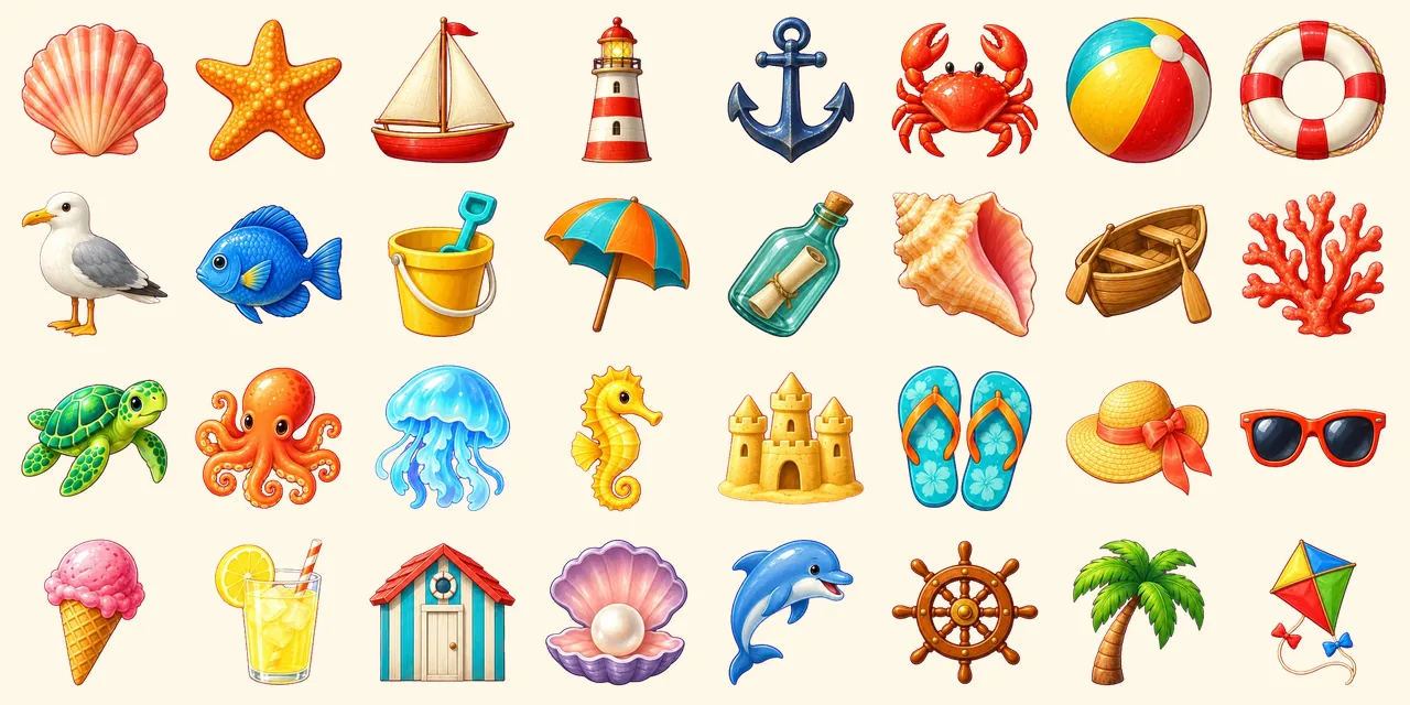 By the Sea: seashell, starfish, sailboat, lighthouse, anchor, crab, beach ball, life ring, seagull, fish, sand bucket with spade, beach umbrella, message in a bottle, conch shell, wooden rowing boat, coral branch, sea turtle, octopus, jellyfish, seahorse, sandcastle, flip-flops, sun hat, sunglasses, ice cream cone, lemonade glass, beach hut, pearl in oyster, dolphin, ship wheel, palm tree, kite
