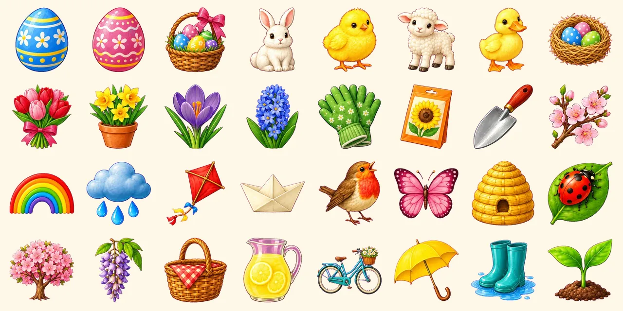 Aria di primavera: uovo di Pasqua azzurro, uovo di Pasqua rosa, cesto di uova, coniglietto bianco, pulcino, agnellino, anatroccolo, nido con uova, mazzo di tulipani, vaso di narcisi, croco, giacinto, guanti da giardinaggio, bustina di semi, paletta da giardinaggio, ramo fiorito, arcobaleno, nuvola con gocce di pioggia, aquilone rosso a rombo, barchetta di carta, pettirosso che canta, farfalla, alveare, coccinella su una foglia, ciliegio in fiore, grappolo di glicine, cestino da picnic, brocca di limonata, bicicletta con cesto di fiori, ombrello, pozzanghera con stivali di gomma, piantina che germoglia