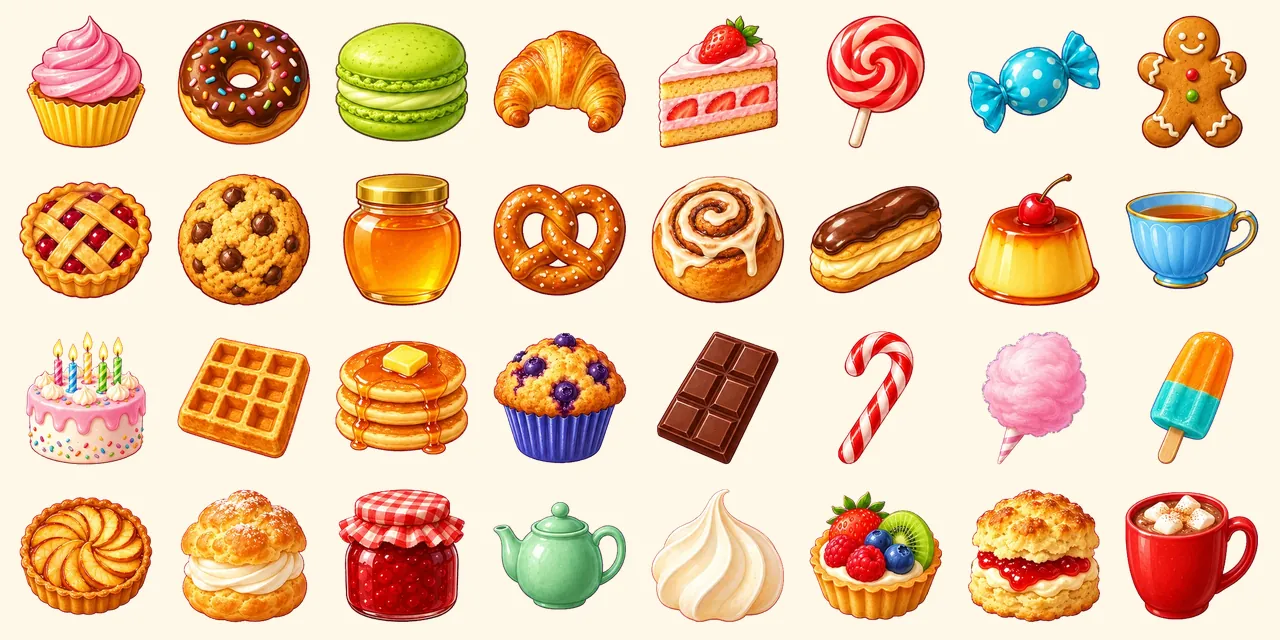 Sweet Shop: cupcake with pink icing, chocolate donut, macaron, croissant, slice of strawberry cake, lollipop swirl, wrapped candy, gingerbread man, cherry pie, cookie with chips, honey jar, pretzel, cinnamon roll, eclair, pudding with cherry, teacup with tea, birthday cake, waffle, pancake stack, muffin, chocolate bar, candy cane, cotton candy, ice lolly, apple tart, cream puff, jam jar, teapot, meringue, fruit tart, scone with jam, hot cocoa mug