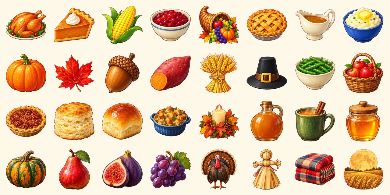 Ringraziamento: tacchino arrosto, torta di zucca, pannocchia, salsa di mirtilli rossi, cornucopia, torta di mele, salsiera, purè di patate, zucca, foglia d'acero, ghianda, patata dolce, covone di grano, cappello da pellegrino, fagiolini, cesto di mele, torta di noci pecan, panino friabile americano, panino da tavola, ripieno, candela autunnale, brocca di sidro, sidro di mele caldo, vasetto di miele, zucca invernale, pera rossa, fico, uva viola, tacchino, bambola di foglie di mais, coperta a quadri, luna del raccolto