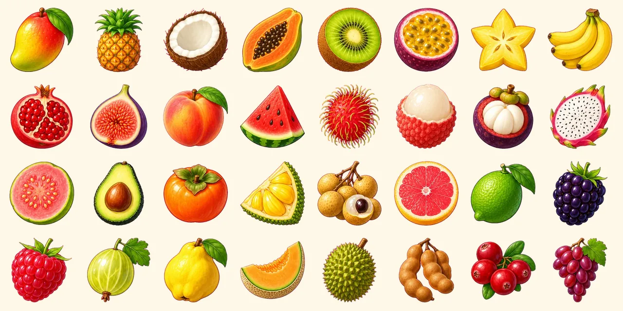 Tropenfrüchte: Mango, Ananas, Kokosnuss, Papaya, Kiwi, Passionsfrucht, Sternfrucht, Bananenstaude, Granatapfel, Feige, Pfirsich, Wassermelonenscheibe, Rambutan, Litschi, Mangostanfrucht, Drachenfrucht, Guave, Avocado, Kaki, Jackfruchtscheibe, Longanrispe, Rosa Grapefruit, Limette, Brombeere, Himbeere, Stachelbeere, Quitte, Cantaloupe-Melonenspalte, Durian, Tamarindenschoten, Cranberrys, Weintrauben