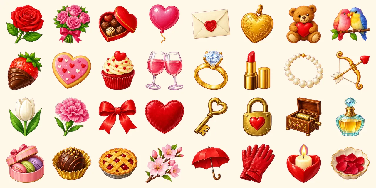 Enamorados: rosa roja, ramo de rosas, caja de bombones de corazón, globo de corazón, carta de amor, guardapelo de corazón, osito con corazón, pájaros enamorados, fresa con chocolate, galleta de corazón, magdalena de terciopelo rojo, dos copas de vino, anillo de diamantes, pintalabios, collar de perlas, arco de Cupido, tulipán blanco, clavel rosa, lazo rojo, cojín de corazón, llave de corazón, candado de corazón, caja de música, frasco de perfume, caja de macarons, trufa de chocolate, tarta de cerezas, flor de cerezo, paraguas rojo, guantes rojos, vela de corazón, pétalos de rosa