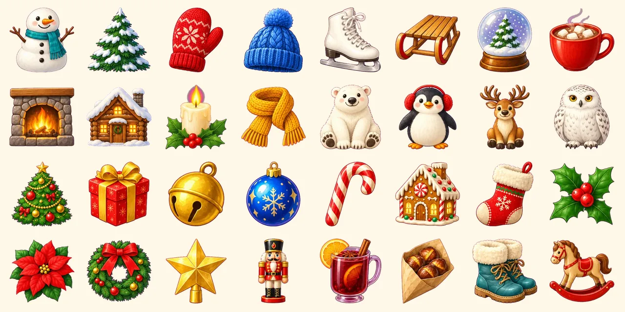 Winter Cheer: snowman with scarf, pine tree with snow, red mitten, knitted wool hat, ice skate, wooden sled, snow globe, hot cup of cocoa with marshmallows, fireplace with fire, wooden cabin, candle with holly, warm knitted scarf, polar bear, penguin with earmuffs, reindeer, snowy owl, Christmas tree decorated, wrapped gift box, gold jingle bell, glass bauble, candy cane, gingerbread house, Christmas stocking, holly leaves with berries, poinsettia flower, wreath with bow, star tree topper, nutcracker soldier toy, mug of mulled wine with orange, roasted chestnuts in paper cone, winter boots, rocking horse toy