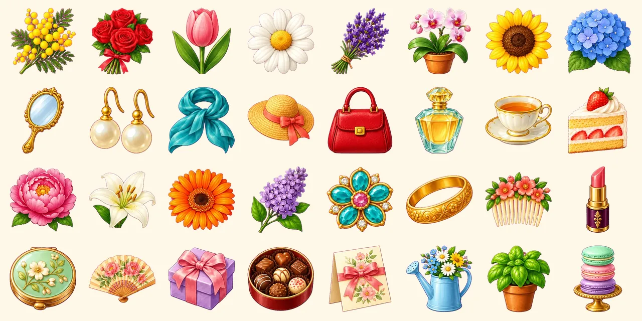 Women's Day: mimosa, red roses, pink tulip, daisy, lavender, orchid, sunflower, hydrangea, hand mirror, pearl earrings, silk scarf, straw hat, red handbag, perfume, cup of tea, strawberry cake, peony, lily, gerbera, lilac, brooch, gold bangle, flower hair comb, pink lipstick, compact mirror, flower fan, gift box, chocolates, greeting card, watering can of flowers, basil, macaron tower