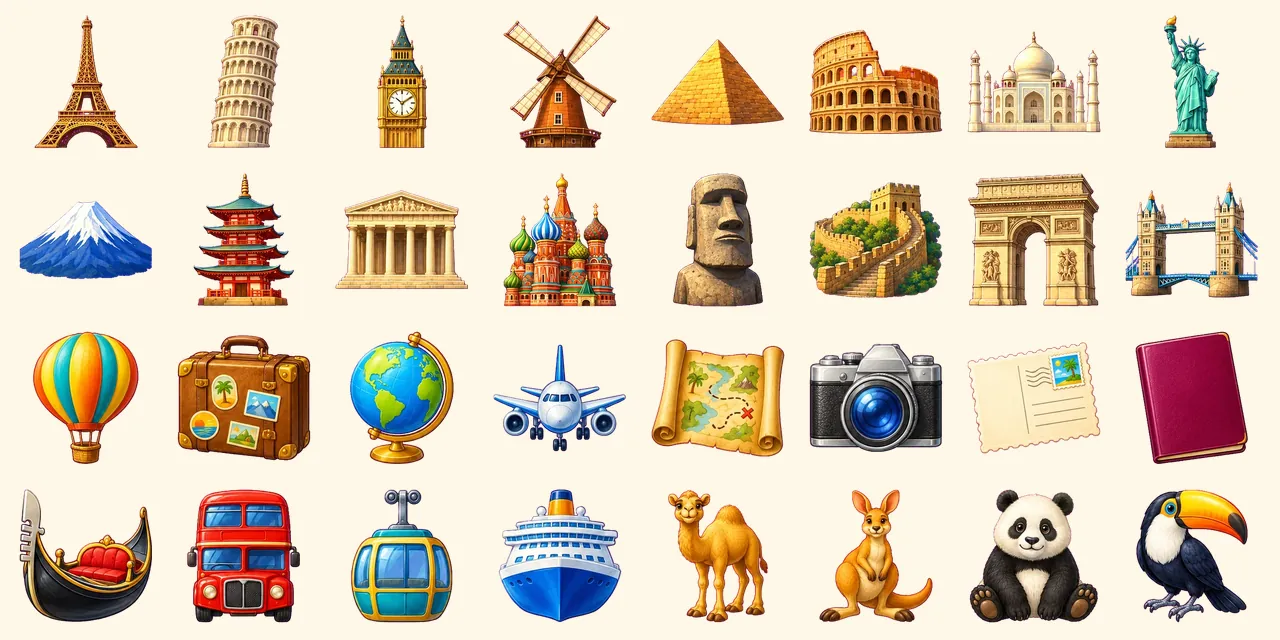 Around the World: Eiffel Tower, leaning tower of Pisa, Big Ben clock tower, Dutch windmill, Egyptian pyramid, Roman Colosseum, Taj Mahal, Statue of Liberty, Mount Fuji, Japanese pagoda, Greek temple with columns, Russian onion dome church, Moai statue, Great Wall of China, Arc de Triomphe, Tower Bridge, hot air balloon, suitcase with stickers, globe on stand, airplane, old map scroll, camera, postcard with stamp, passport, Venetian gondola, double-decker bus, cable car, cruise ship, camel, kangaroo, panda, toucan